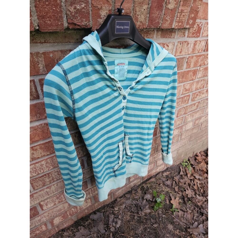 Dickies Vintage Y2K Waffle Knit Hoodie Teal Lightweight Henley Thermal Top XL
